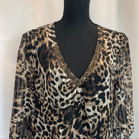 Laura Petites Leopard animal print chiffon sheer transparent beaded blouse Sz XL - Picture 3 of 13